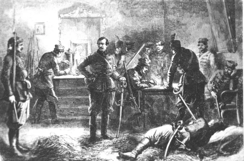 Паўстанец на заднім плане налівае сабе кіпень з самавара. Гравюра з паўстання 1863 года