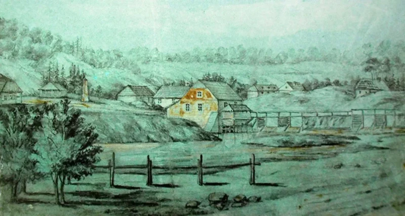 Мельница в Лососно на рисунке Наполеона Орды, сер. ХІХ в..