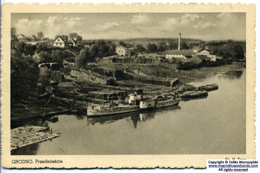 Пароход "Jagiełło" на Немане. На заднем плане - лесопилка на левом берегу. Фото 1930-х.