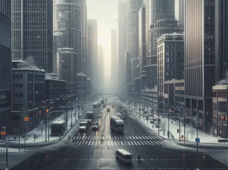 Серость, ветер и пустые пространства. Как белорусские города (не) адаптируются к смене времен года? Серый город зимой. Изображение создано Hrodna.life в нейросети DALL·E 3