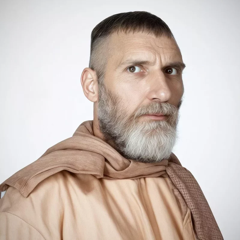 Мужчина с бородой и шалью, одетый в одежду нейтральных тонов, смотрит в камеру на однотонном фоне, напоминая древнего человека из Волковыска.