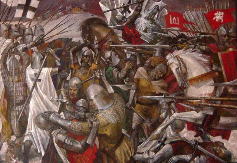 Давыд Гарадзенскі: што ведаем насамрэч і што прыдумалі “ўдзячныя нашчадкі” пра героя, якому хочуць паставіць помнік Давыд Гарадзенскі / Напад крыжакаў на Гродна. Карціна С.Янкоўскага. 1996 г.