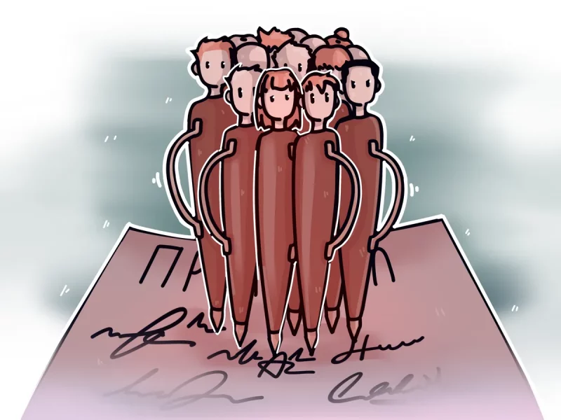 A Belarusian district police officer signed instead of people in protocols. Illustration: Tatiana Savich for Hrodna.life