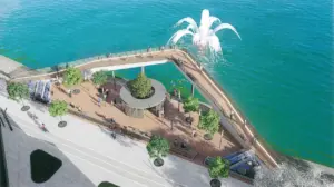 Ілюстрацыя з канцэпцыі рэканструкцыі Праванабярэжнай у Гродне. Плануецца дадаць назіральную пляцоўку, вуглавы мост і плаваючы фантан, а таксама лесвіцу паміж Старым і Новым замкамі.