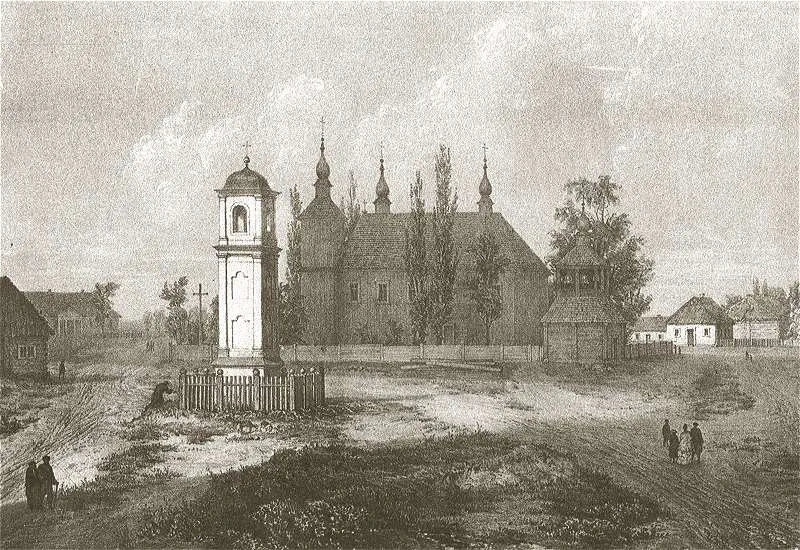 Костел и памятник Св. Андрея Боболи в Иваново. Литография с акварели Н. Орды, XIX в. Источник: Wikimedia Commons