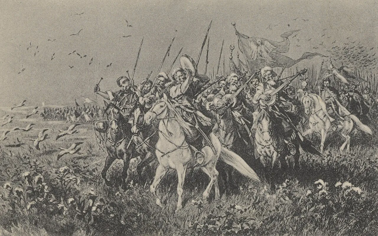 Поход Хмельницкого, иллюстрация к историческому роману «Огнём и мечом» Генрика Сенкевича, художник Юлиуш Коссак. Источник: Wikimedia Commons